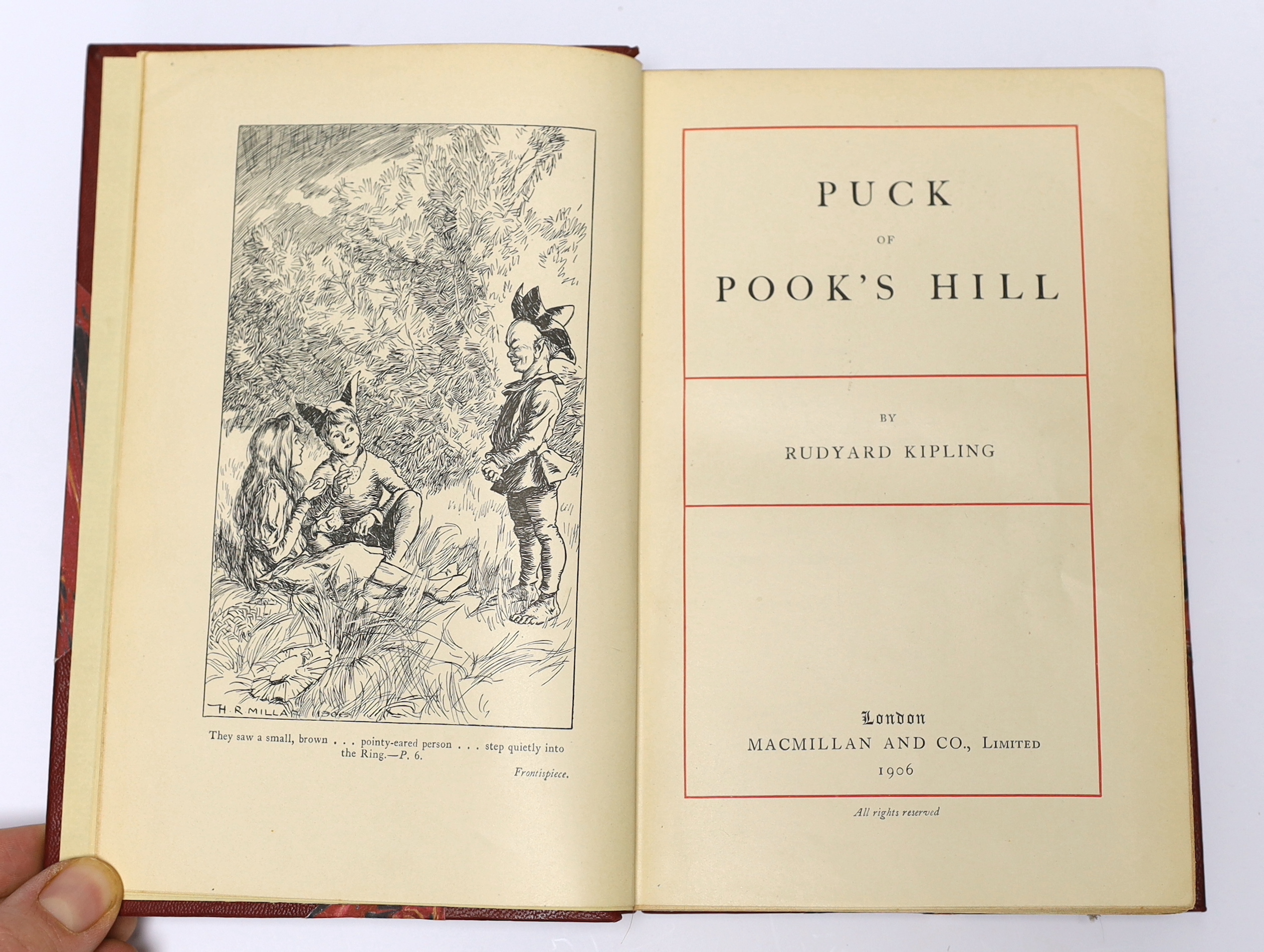 Kipling, Rudyard - Puck of Pook's Hill. First edition, 20 full page illus. (by H.R. Millar), half title and 5 advert. leaves; sometime rebound red half morocco and marbled boards, gilt decorated, ruled and lettered panel